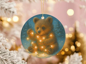 Keramik Bär Jungtier Ornament mit Weihnachtsbeleuchtung Waldtier Weihnachtsgeschenk - Bild 1 von 7