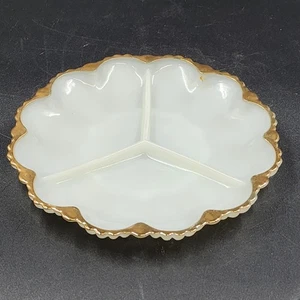 Milchglas geteilt Relish Nussschale Anchor Hocking Jakobsmuschel Rand Goldrand 10" Vintage - Bild 1 von 9