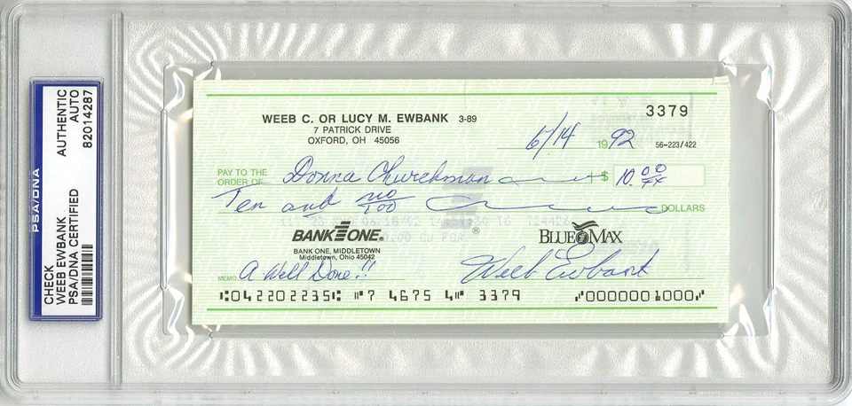Weeb Ewbank SIGNED PERSONAL CHECK Coach New York Jets (DEC) PSA/DNA AUTOGRAPHED - Image 1 of 1