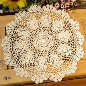 Table Placemat Crochet Doilies Handmade Lace Round Cotton 15Inch Pack of 4 Beige - Picture 1 of 4
