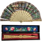 Antique CANTON Chinese Hand Painted Carved PAPER FAN with box (19th century)