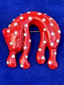 Vintage Red Lucite Jaguar Brooch white Clear Rhinestones Crystals - Picture 1 of 8