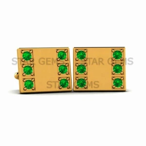 Green Emerald Gemstone Handmade With 14k Gold Plated Silver Men's Cufflink CF60 - Picture 1 of 2