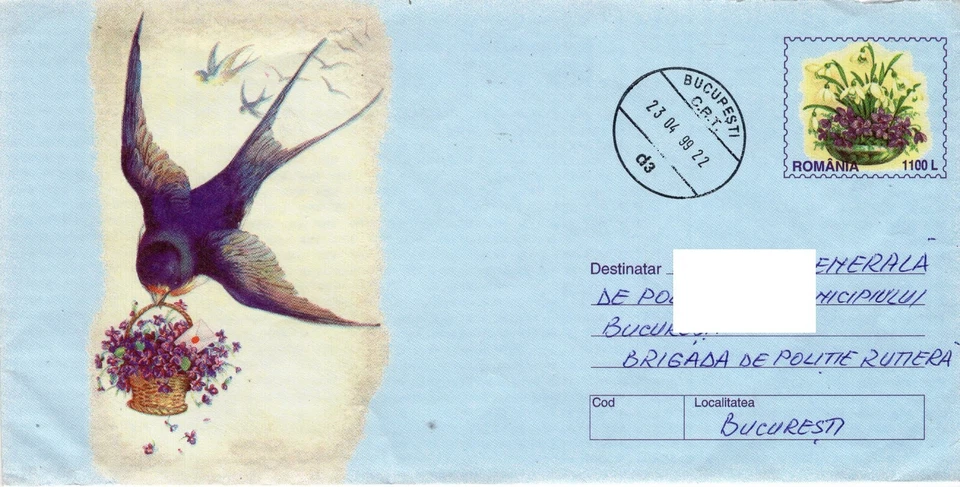 ROMANIA 004/1999: BIRD & FLOWERS, SWALLOW, used postal stationery cover Foto 1 de 1