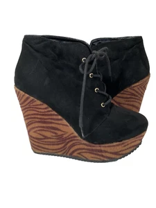 Guess By Guess Black Suede Boot W/ Brown Zebra Wedge Heel Size 7.5M - Picture 1 of 9
