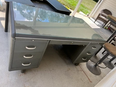 Vintage Industrial Tanker Desk 7 Drawer Art Metal Gray 60wx33dx31h glass top Cover