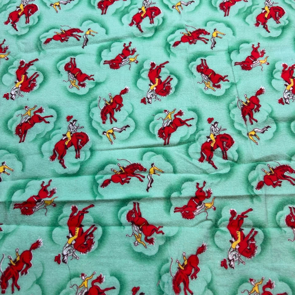 VTG 1950s Novelty Youth Flannel Fabric Cowboys Bucking Bronco 2 Pieces 32x40 Ea. - Image 1 of 4