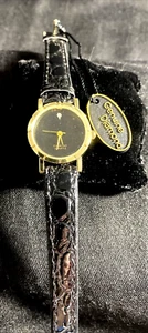 Diamond Quartz Ladies Wrist Watch Faux Patent Leather Black Band Gold Tone - Picture 1 of 8