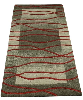 Teppich 100% Wolle 70X140 cm Handarbeit Orange Grau Hell Grün Handgetuftet T1019 - Bild 1 von 4