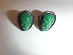 Vintage Hencho En Mexico Sterling Silver Carved Green Onyx Cufflinks Signed JGG