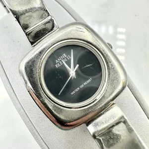 ANNE KLEIN II Silver Tone Bangle Bracelet Watch Quartz Black Dial New Battery 6” - Picture 1 of 15