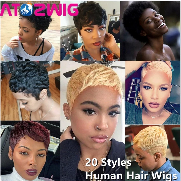 ATOZWIG Short Hair Wig 100% Human Hair Curly Wig for Women Short Pixie Cut Wig None Lace