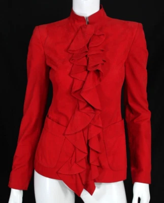 YVES SAINT LAURENT Carmine Red Nubuck Leather Ruffle Front Jacket 38 - Image 1 of 4