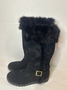 Coach Deeann schwarze Stiefel Fellbesatz goldene Schnalle schwarz halbhoch A7294 Größe 7 1/2B - Bild 1 von 7