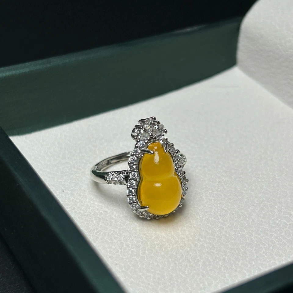  Nature inlay ice yellow Burmese Jade Jadeite adjustable Amulet Rings Foto 1 de 4