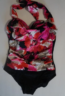 Traje de baño verde aguamarina negro con rosa floral 1 pieza Misses talla S - Nuevo con etiquetas Foto 1 de 3