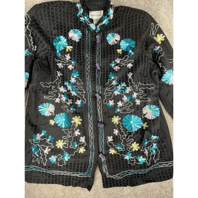 Draper's & Damons Petite Large Floral Embroidered Jacket Asian Style Black Rayon Foto 1 de 4