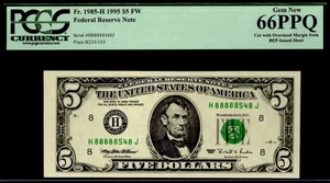1995 $5 FRN ST. LOUIS. FR: 1985-H PCGS Graded: 66 PPQ. LUCKY 8s. NEAR SOLID S/N. - Picture 1 of 2