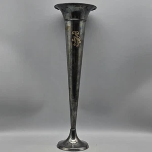 Silverplate Trumpet Vase 16” Silver Plate Pairpoint Sheffield Engraved Monogram - Picture 1 of 14