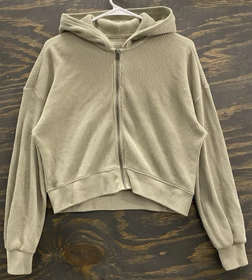 Abercrombie & Fitch Womens XS Waffle Knit Zip Hoodie Soft A&F Cozy Green Cropped - Image 1 of 4