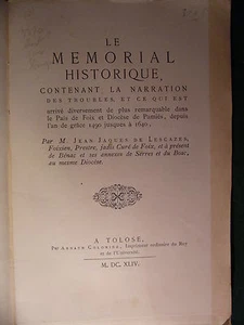 Pyrénées - Ariège LESCAZES Mémorial historique Foix Pamiers 1644 Réédition 1894 - Imagen 1 de 1