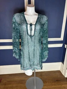 PREOWNED LETARTE HAND MADE TEAL SEQUINED SWIMSUIT COVERUP SIZE MEDIUM - Picture 1 of 11