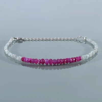 Natural Rough Gray Diamond & Ruby Beads Chain 925 Silver Handmade Bracelet Gift - Image 1 of 4