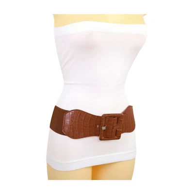 Mujeres Marrón Ancho Imitación Cuero Cinturón Elástico Cadera Cintura Alta Hebilla Cuadrada Grande S M Foto 1 de 4