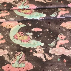 PINK UNICORNS, CLOUDS , STARS , MOONS GOLD GREY  100% COTTON FABRIC per metre - Picture 1 of 2