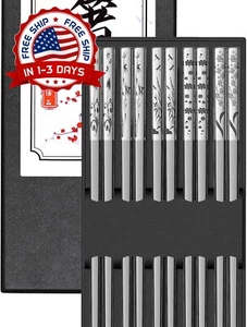 Juego De 5 Pares De Palillos De Reutilizables De Acero Inoxidable 18/8 NEW US.. - Picture 1 of 8