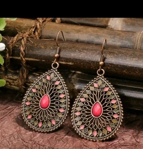 Bohemian chic pink stone Earrings In filigree bronze Plate. Drop Dangle - Picture 1 of 4