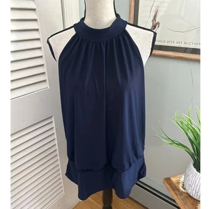 BOSTON PROPER Womens Top XL Navy Blue Halter Banded Bottom Mock Neck Open Back - Picture 1 of 9