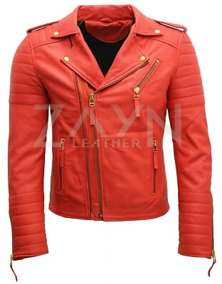 Men's Red Brando Jacket Real Lambskin Leather Motorcycle Biker Retro Racer Coat - Image 1 of 4