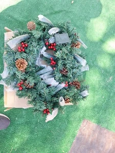 24 Inch Christmas Wreath With Lights Front Door Prelit Flocked Garland Decor - Picture 1 of 1