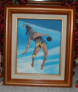 FRAMED ORIGINAL OIL PAINTING MAYA AZTEC MESOAMERICAN POK-A-TOK BALL PLAYER - Picture 1 of 23