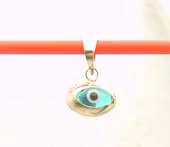 3d Oval Ocean Blue Evil Eye Good Luck Charm Pendant Real 14k Yellow Gold