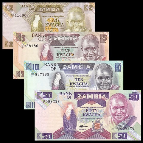 Set 4 PCS, Zambia 2, 5, 10, 50 Kwacha,P24-26,28,UNC Cover