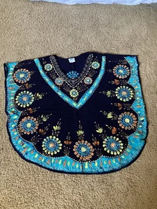 Batik Kaftan Style Top mit Blues, orange, grün mit Metallic-Nähten XXL - Bild 1 von 5