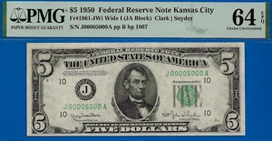 1950 $5 Federal Reserve Note PMG 64EPQ rare FRN Kansas City fancy serial number - Picture 1 of 3
