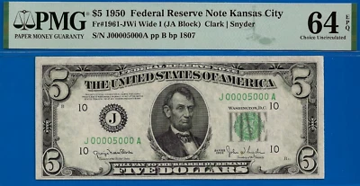 1950 $5 Federal Reserve Note PMG 64EPQ rare FRN Kansas City fancy serial number - Image 1 of 3