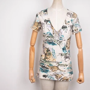 BLUMARINE Beachwear Womens V-Neck Animals Pattern Short Sleeve Stretch T-Shirt L - Picture 1 of 13