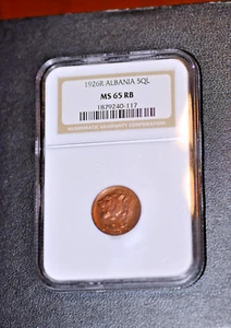 Albania Albanien Albanie 1926 R Coin UNC 5 Qindar Leku  NGC MS 65 RB,  KM#1 - Picture 1 of 6