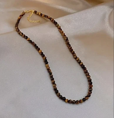 ✅ Tigerauge Edelstein Halskette 4mm Natur Stein Perlen Kette Damen Natural Boho✅ - Bild 1 von 4