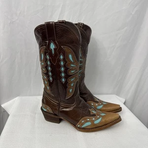Pecos Bill Boots Women Size 7 Brown Leather Inlay Snip Toe Cowboy Western - Picture 1 of 15