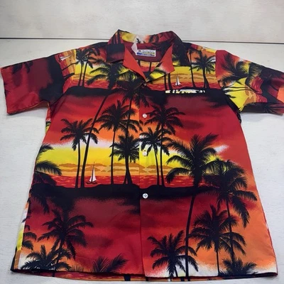 Vintage Shoreline Hawaiian Red Yellow Black Palm Trees Shirt Mens Medium USA - Image 1 of 4