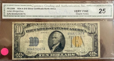 Fr.2309 1934A $10 Silver Certificate Yellow Seal "North Africa", VF CGA 25 - Image 1 of 2