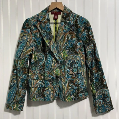 Jones Wear Jeans Womens 10 Blue Paisley Print Cropped Blazer Jacket Cotton Blend - Image 1 of 4
