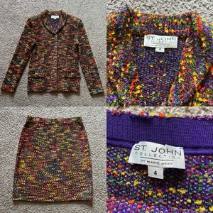 St John Collection Skirt Suit Multi Color Boucle Jeweled Button Front Size 4 - Picture 1 of 19