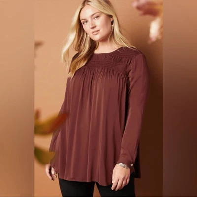 J. Jill Satin Smocked A-Line Top in Clove Brown Long Sleeve Size Medium - Image 1 of 4