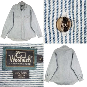 Woolrich Shirt Mens XL Blue White Railroad Stripe Button Up Work Vintage 90's - Picture 1 of 10